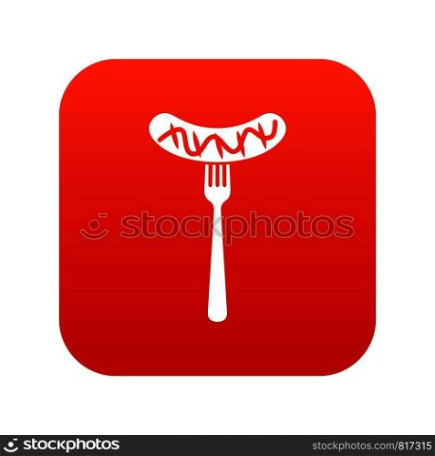 Grilled sausage on a fork mustard icon digital red for any design isolated on white vector illustration. Grilled sausage on a fork mustard icon digital red
