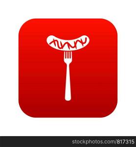 Grilled sausage on a fork mustard icon digital red for any design isolated on white vector illustration. Grilled sausage on a fork mustard icon digital red