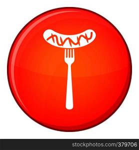 Grilled sausage on a fork mustard icon in red circle isolated on white background vector illustration. Grilled sausage on a fork mustard icon, flat style