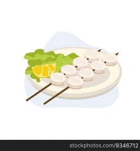 grilled scallop skewers, scallop seafood skewers. grilled scallop without shells. seafood. vector cartoon illustration