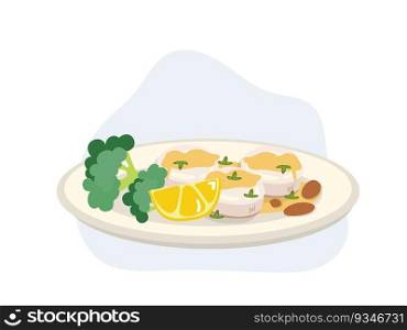 Grilled scallops butter with lemon and broccoli on plate. cartoon vector illustration
