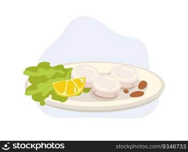 Grilled scallops with lemon and lettuce on plate. vector cartoon illustration