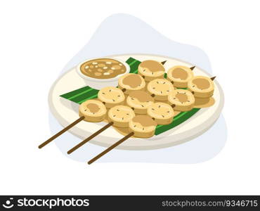 Grilled slice Banana skewers. Grilled Banana with Coconut Sauce. Thai banana sweet dessert  cartoon vector illustration