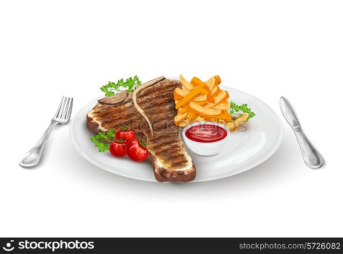 Grilled steak on plate with potato chips vegetables knife and fork vector illustration