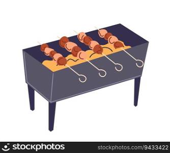 grilling sausages and meat, isolated mangal or barbeque with tasty ingredients. Chicken or pork meatballs or pieces on skewers. Delicious food preparation activities outdoors. Vector in flat style. Mangal or barbeque, grilling sausages and meat