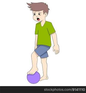 grim faced boy carrying a soccer ball. vector design illustration art