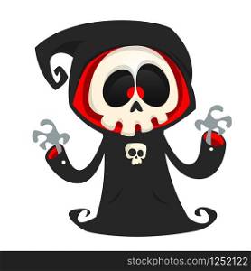 Grim reaper cartoon character isolated on a white background. Cute death character in black hood