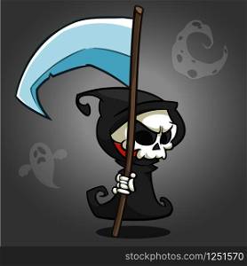 Grim reaper cartoon character with scythe isolated on a white background. Cute death character in black hood