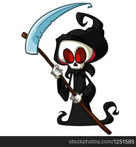 Grim reaper cartoon character with scythe isolated on a white background. Cute death character in black hood