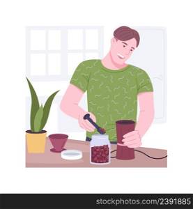 Grinding coffee beans isolated cartoon vector illustrations. Young man grinding coffee beans alone, preparation process, espresso lover, home kitchen appliances, morning rituals vector cartoon.. Grinding coffee beans isolated cartoon vector illustrations.