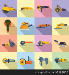 Grinding machine icons set flat vector. Build construct. Electric equipment. Grinding machine icons set flat vector. Build construct
