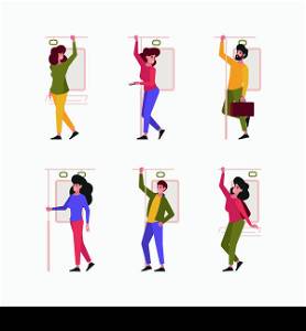 Grip train. People standing and handholding grip tram travelling in subway garish vector flat characters isolated. Illustration of passenger public transport holding. Grip train. People standing and handholding grip tram travelling in subway garish vector flat characters isolated
