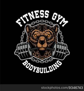 Grizzly bear with gym barbell in mouth. Design element for logo, emblem, sign, poster, t shirt. Vector illustration