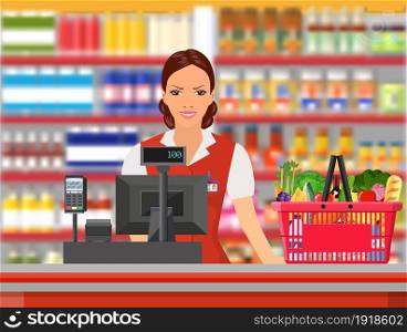 Groceries cashier at work. female checkout cashier with foods against shelves with goods. vector illustration in flat style.. Groceries cashier at work.
