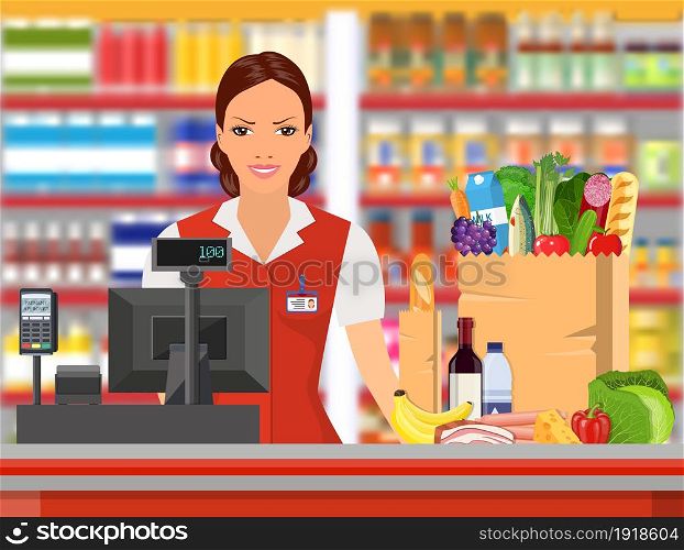 Groceries cashier at work. female checkout cashier with foods against shelves with goods. vector illustration in flat style.. Groceries cashier at work.