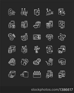 Groceries category chalk white icons set on black background. Various supermarket food sections. Drink products for ecommerce and retail. Store supplies. Isolated vector chalkboard illustrations. Groceries category chalk white icons set on black background