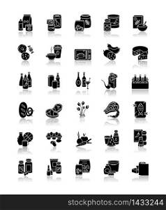Groceries category drop shadow black glyph icons set. Supermarket food sections. Drink products for ecommerce and retail. Miscellaneous goods for shop. Isolated vector illustrations on white space. Groceries category drop shadow black glyph icons set