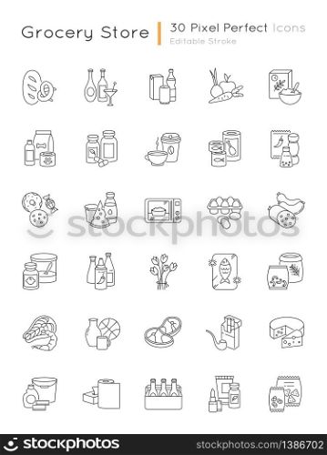 Groceries category pixel perfect linear icons set. Various supermarket food sections. Drink products. Customizable thin line contour symbols. Isolated vector outline illustrations. Editable stroke. Groceries category pixel perfect linear icons set