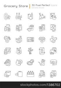 Groceries category pixel perfect linear icons set. Various supermarket food sections. Drink products. Customizable thin line contour symbols. Isolated vector outline illustrations. Editable stroke. Groceries category pixel perfect linear icons set