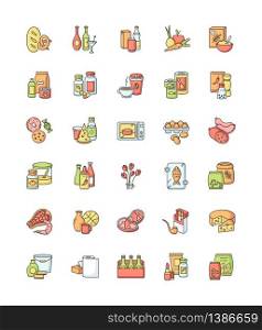 Groceries category RGB color icons set. Various supermarket food sections. Drink products for ecommerce and retail. Store supplies. Miscellaneous goods for shop. Isolated vector illustrations. Groceries category RGB color icons set