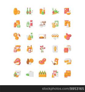 Groceries category vector flat color icon set. Supermarket food. Drink products. Store supplies. Miscellaneous shop goods. Cartoon style clip art for mobile app pack. Isolated RGB illustration bundle. Groceries category vector flat color icon set