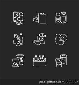 Groceries chalk white icons set on black background. Condiments for cooking. Paper products. Pharmaceutical pills. Hot sauce in bottle. Miscellaneous items. Isolated vector chalkboard illustrations. Groceries chalk white icons set on black background