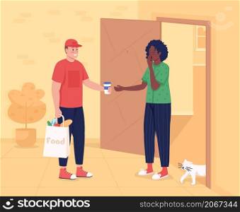 Groceries delivery flat color vector illustration. Food shipping. Courier man with customer at home entrance 2D cartoon characters with apartment building corridor interior on background. Groceries delivery flat color vector illustration