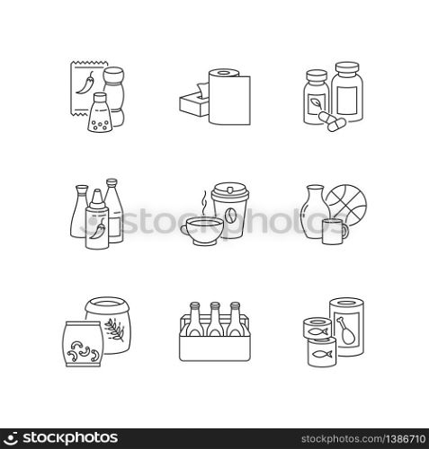 Groceries pixel perfect linear icons set. Condiments for cooking. Paper products. Pharmaceutical pills. Customizable thin line contour symbols. Isolated vector outline illustrations. Editable stroke. Groceries pixel perfect linear icons set