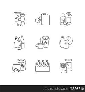 Groceries pixel perfect linear icons set. Condiments for cooking. Paper products. Pharmaceutical pills. Customizable thin line contour symbols. Isolated vector outline illustrations. Editable stroke. Groceries pixel perfect linear icons set