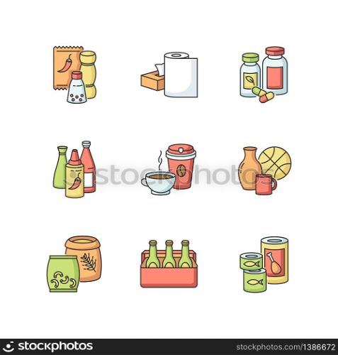Groceries RGB color icons set. Condiments for cooking. Paper products. Pharmaceutical pills. Hot sauce in bottle. Tea in mug, coffee takeaway. Miscellaneous items. Isolated vector illustrations. Groceries RGB color icons set