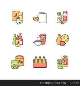 Groceries RGB color icons set. Condiments for cooking. Paper products. Pharmaceutical pills. Hot sauce in bottle. Tea in mug, coffee takeaway. Miscellaneous items. Isolated vector illustrations. Groceries RGB color icons set