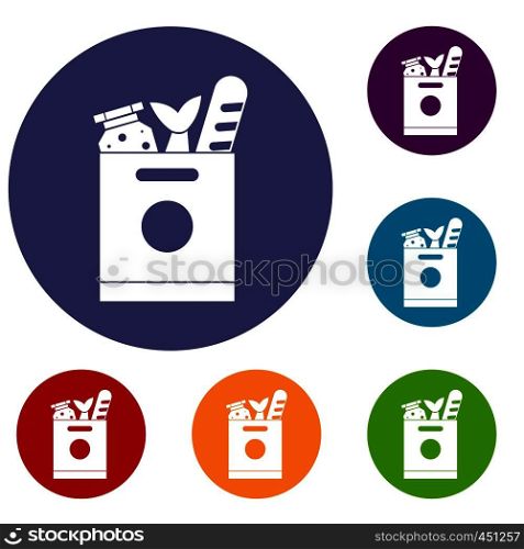 Grocery bag with food icons set in flat circle reb, blue and green color for web. Grocery bag with food icons set
