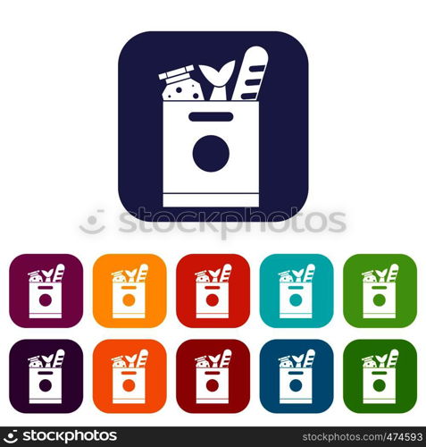 Grocery bag with food icons set vector illustration in flat style In colors red, blue, green and other. Grocery bag with food icons set