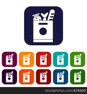 Grocery bag with food icons set vector illustration in flat style In colors red, blue, green and other. Grocery bag with food icons set