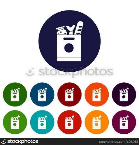 Grocery bag with food set icons in different colors isolated on white background. Grocery bag with food set icons