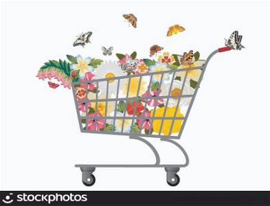 Grocery cart with flowers