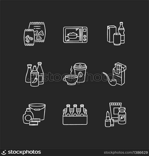 Grocery categories chalk white icons set on black background. Snacks in packets. Ready meal. Beverage types. Chili sauces, ketchup in bottle. Tobacco products. Isolated vector chalkboard illustrations. Grocery categories chalk white icons set on black background