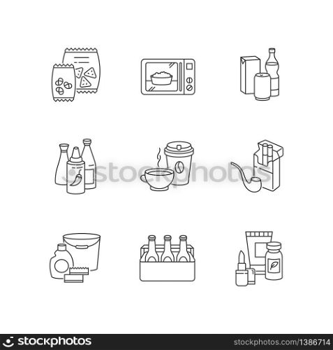Grocery categories pixel perfect linear icons set. Snacks in packets. Ready meal. Chili sauces. Customizable thin line contour symbols. Isolated vector outline illustrations. Editable stroke. Grocery categories pixel perfect linear icons set