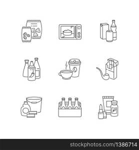 Grocery categories pixel perfect linear icons set. Snacks in packets. Ready meal. Chili sauces. Customizable thin line contour symbols. Isolated vector outline illustrations. Editable stroke. Grocery categories pixel perfect linear icons set
