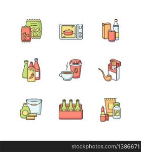 Grocery categories RGB color icons set. Snacks in packets. Ready meal. Beverage types. Chili sauces, ketchup in bottle. Coffee in cup, aromatic tea. Tobacco products. Isolated vector illustrations. Grocery categories RGB color icons set