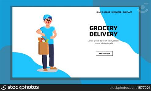 Grocery Delivery Service Worker Carry Food Vector. Shop Market Grocery Delivery Young Man Delivering Order Fresh Nutrition And Drink. Character With Products In Paper Bag Web Flat Cartoon Illustration. Grocery Delivery Service Worker Carry Food Vector