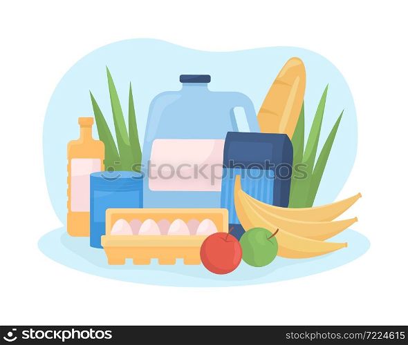 Grocery food 2D vector isolated illustration. Vegetables and eggs in container. Products from supermarket flat composition on cartoon background. Retail and commerce colourful scene. Grocery food 2D vector isolated illustration