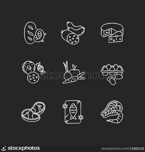 Grocery food chalk white icons set on black background. Bread loaf, fresh baked goods. Meat sausages. Candy and cookies. Fresh vegetables, organic fruits. Isolated vector chalkboard illustrations. Grocery food chalk white icons set on black background