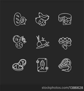 Grocery food chalk white icons set on black background. Bread loaf, fresh baked goods. Meat sausages. Candy and cookies. Fresh vegetables, organic fruits. Isolated vector chalkboard illustrations. Grocery food chalk white icons set on black background