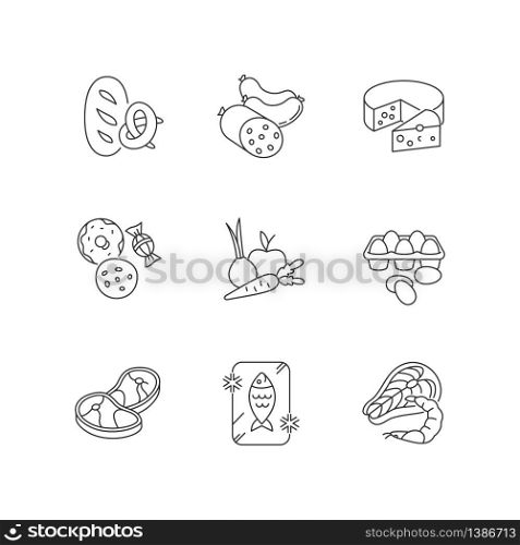 Grocery food pixel perfect linear icons set. Bread loaf, fresh baked goods. Meat sausages. Cheese wheel. Customizable thin line contour symbols. Isolated vector outline illustrations. Editable stroke. Grocery food pixel perfect linear icons set