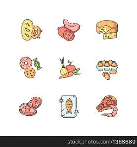 Grocery food RGB color icons set. Bread loaf, fresh baked goods. Meat sausages. Cheese wheel. Candy and cookies. Fresh vegetables, organic fruits. Eggs in tray. Isolated vector illustrations. Grocery food RGB color icons set