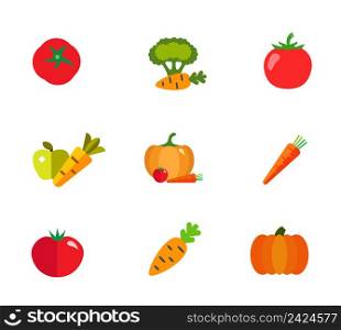 Grocery icon set. Tomato Carrot and broccoli Red tomato Apple and carrot Pumpkin and vegetables Tomato Carrot Pumpkin