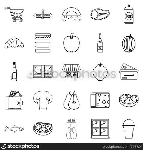 Grocery icons set. Outline set of 25 grocery vector icons for web isolated on white background. Grocery icons set, outline style