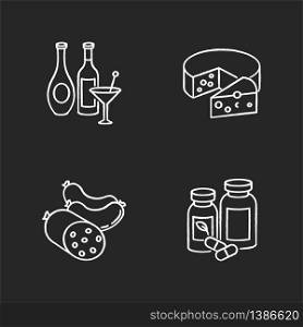 Grocery items chalk white icons set on black background. Wine and spirits. Alcoholic drinks in bottles. Martini in glass. Cheese wheel with slice. Isolated vector chalkboard illustrations. Grocery items chalk white icons set on black background