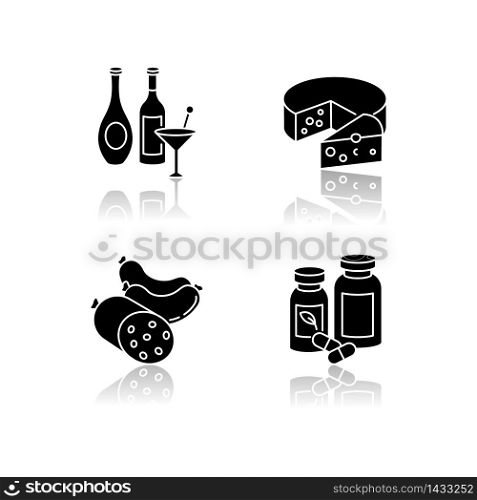 Grocery items drop shadow black glyph icons set. Wine and spirits. Alcoholic drinks in bottles. Martini in glass. Meat sausages. Pharmaceutical products. Isolated vector illustrations on white space. Grocery items drop shadow black glyph icons set